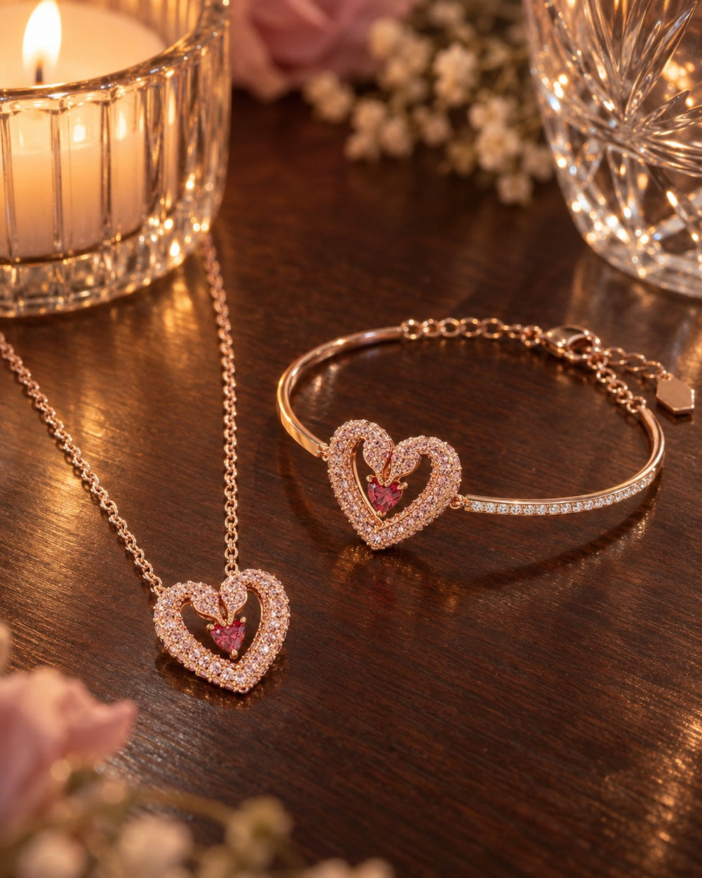 Una Heart Necklace Bracelet Jewelry Set Pink - ảnh bối cảnh