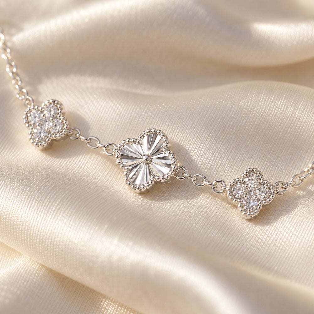 Four Leaf Clover Sparkling Bracelet Jewelry Set Silver - ảnh cận