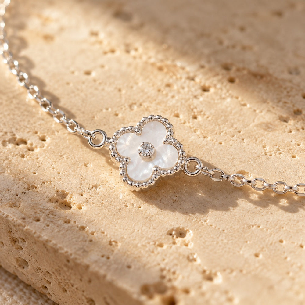 Lucky Four Leaf Bracelet Silver Jewelry Set - ảnh cận