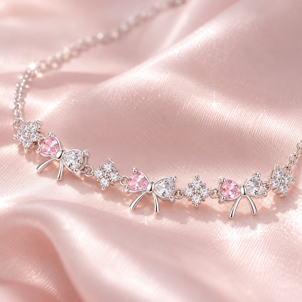 Crystal Bow Bracelet Silver Pink - 2255SV - ảnh cận