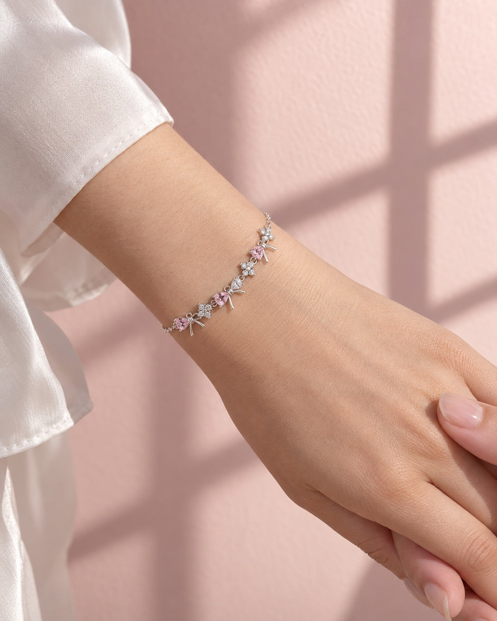 Crystal Bow Bracelet Silver Pink - 2255SV - ảnh đeo
