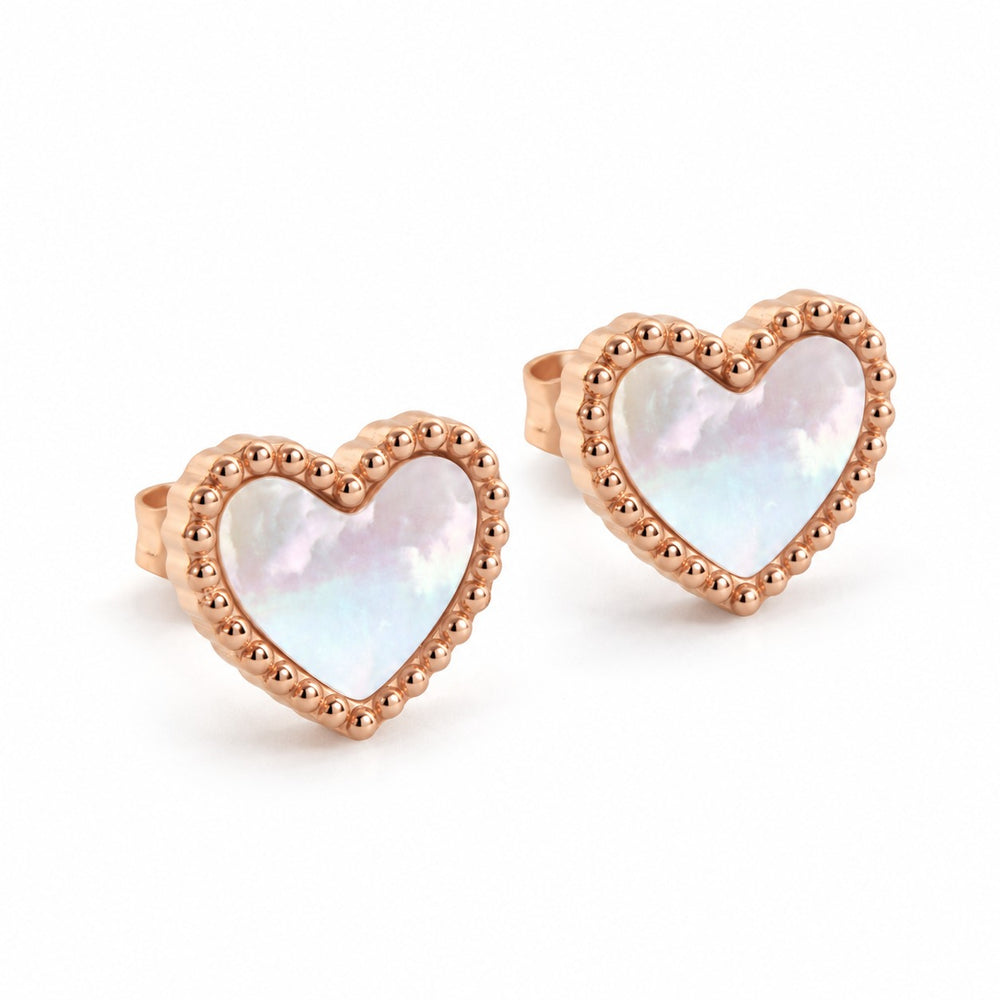 Bông tai tim Ari Heart Milky LAMY 3003WH – tim khảm xà cừ, viền hạt vàng hồng, nền trắng
