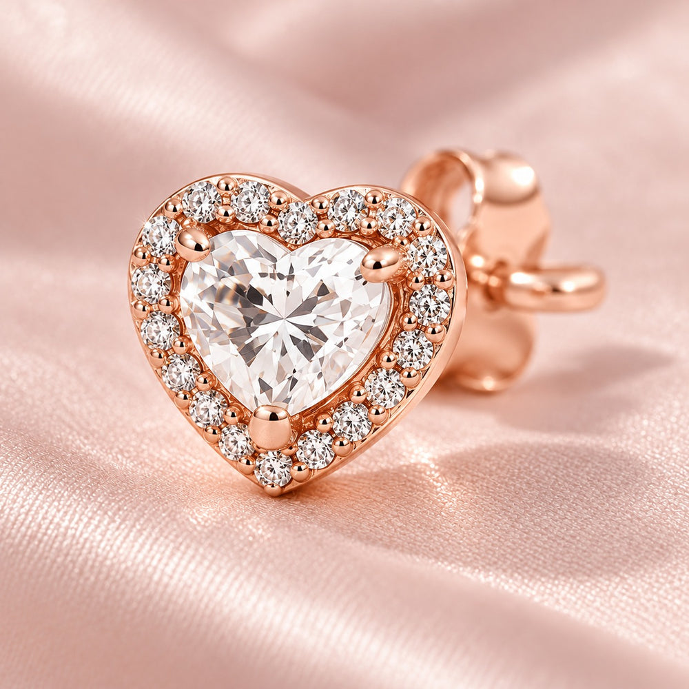 Bông tai Retro Heart vàng hồng - cận cảnh đá tim và chấu giữ