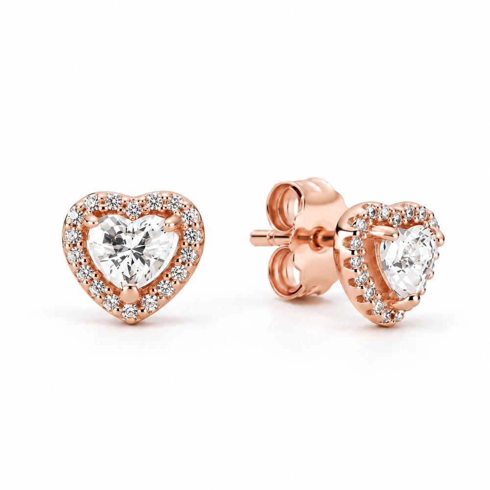 Bông tai Retro Heart vàng hồng - tim đá lớn viền đá nhỏ, nền trắng
