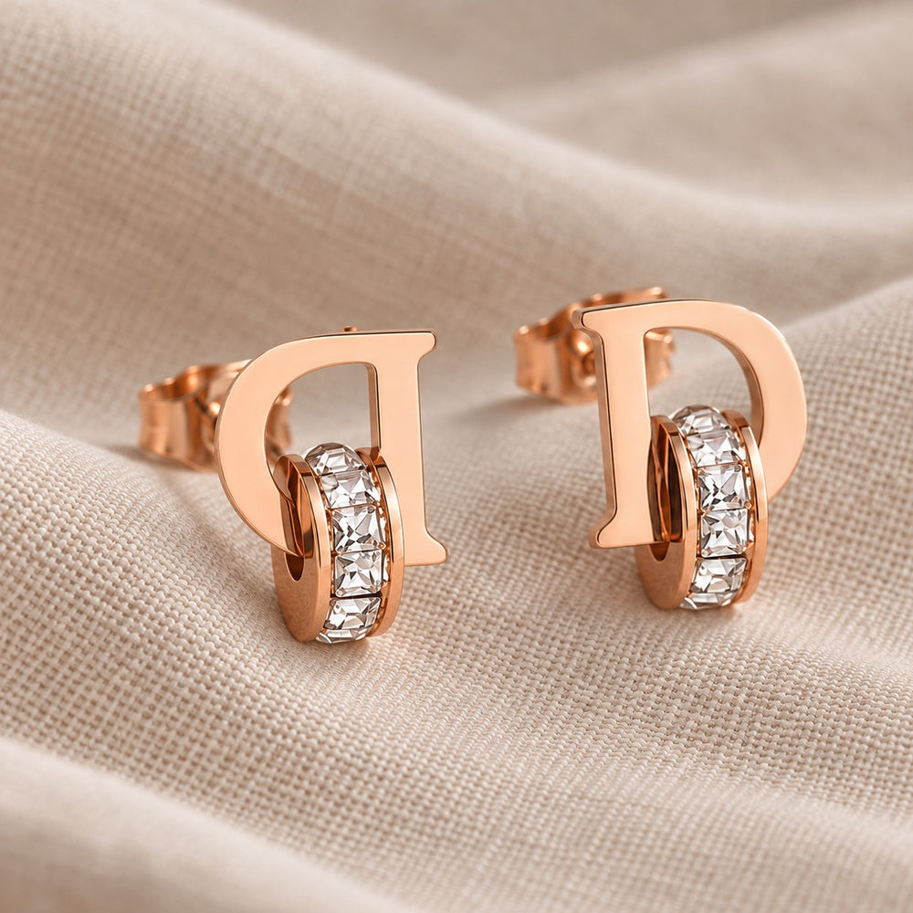 D-shaped Earrings Rose Gold - 3019RG - ảnh cận