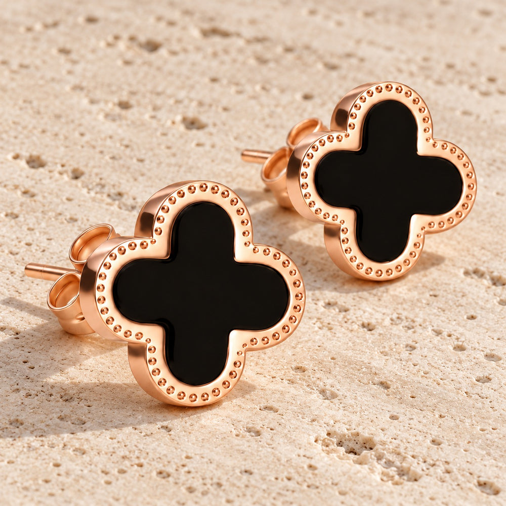 Lucky Four Leaves Earrings Rose Gold Black - 3023RG.BL - ảnh cận