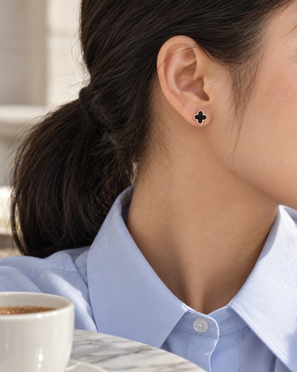 Lucky Four Leaves Earrings Rose Gold Black - 3023RG.BL - ảnh đeo