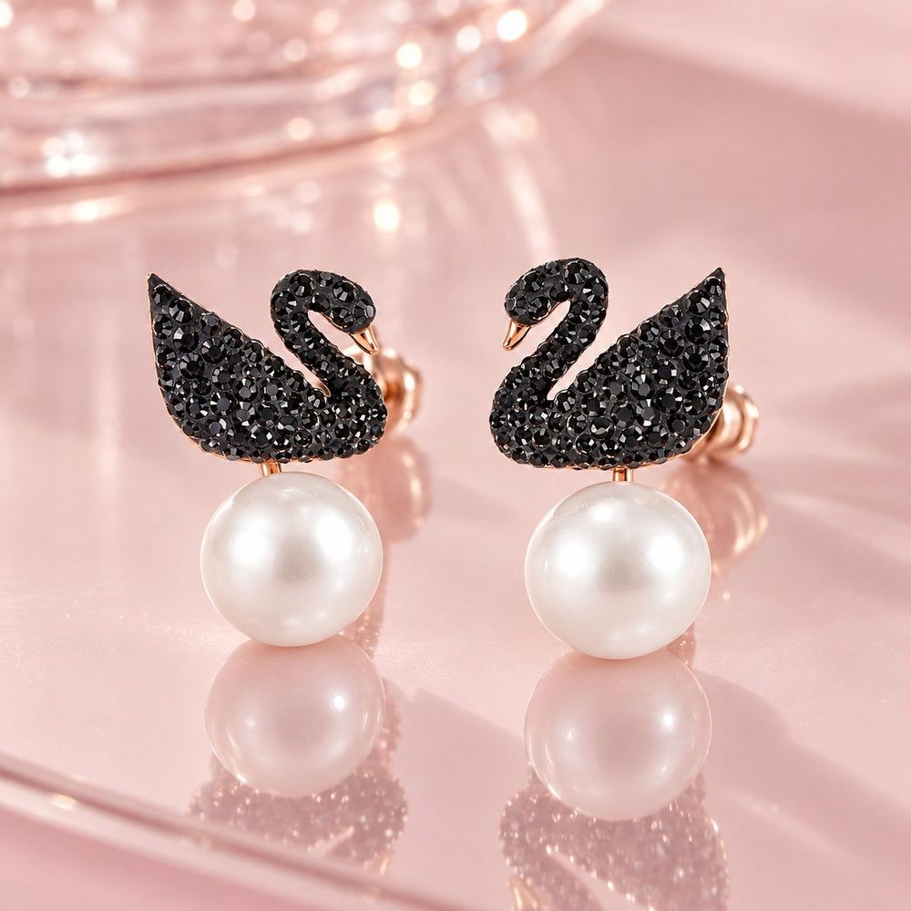 Black Iconic Swan Earrings Rose Gold - ảnh cận