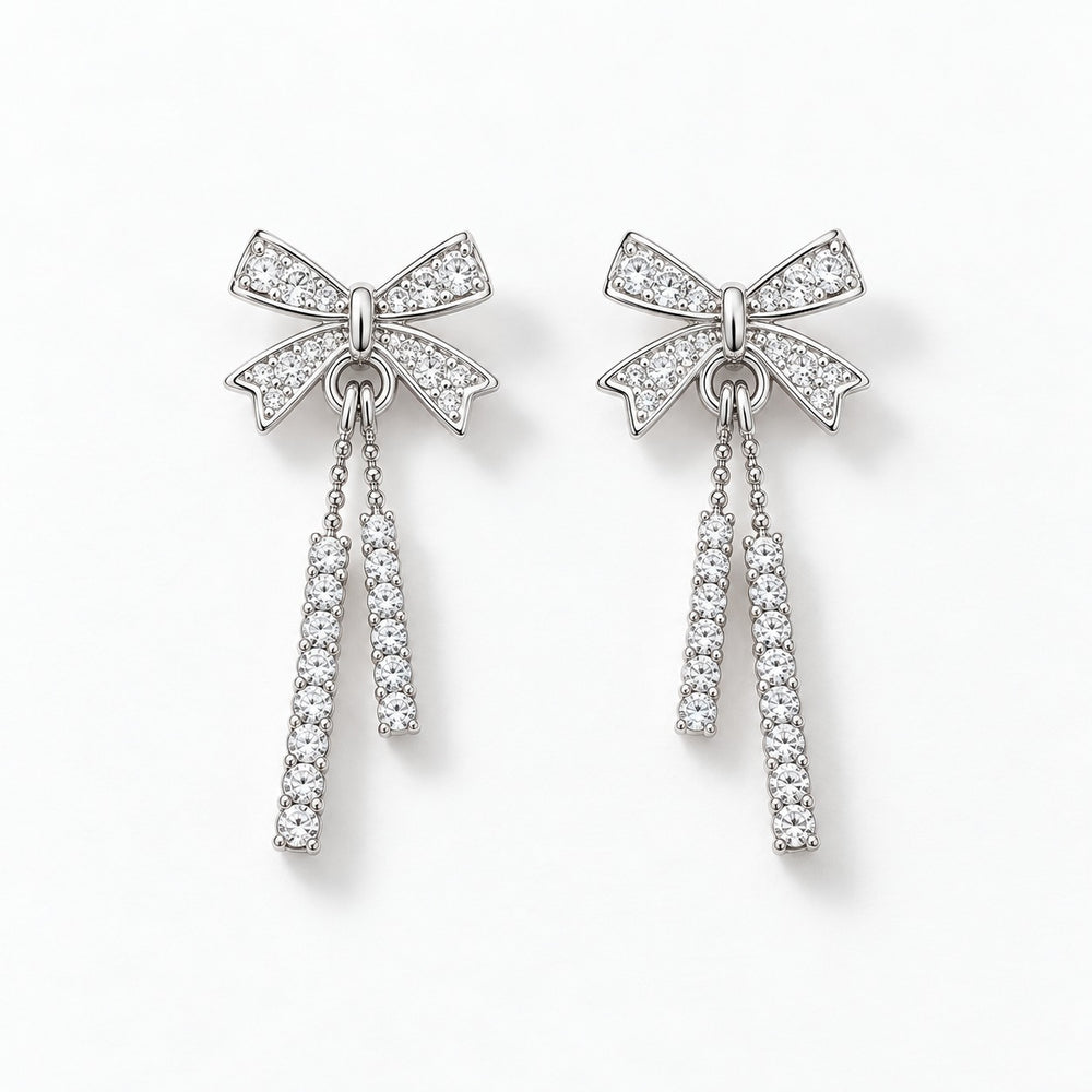 Elegant Bow Earrings - bông tai nơ đá hai thanh rủ, bạc, nền trắng