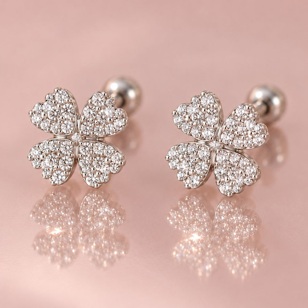 Heart Four Leaf Earrings Silver - ảnh cận