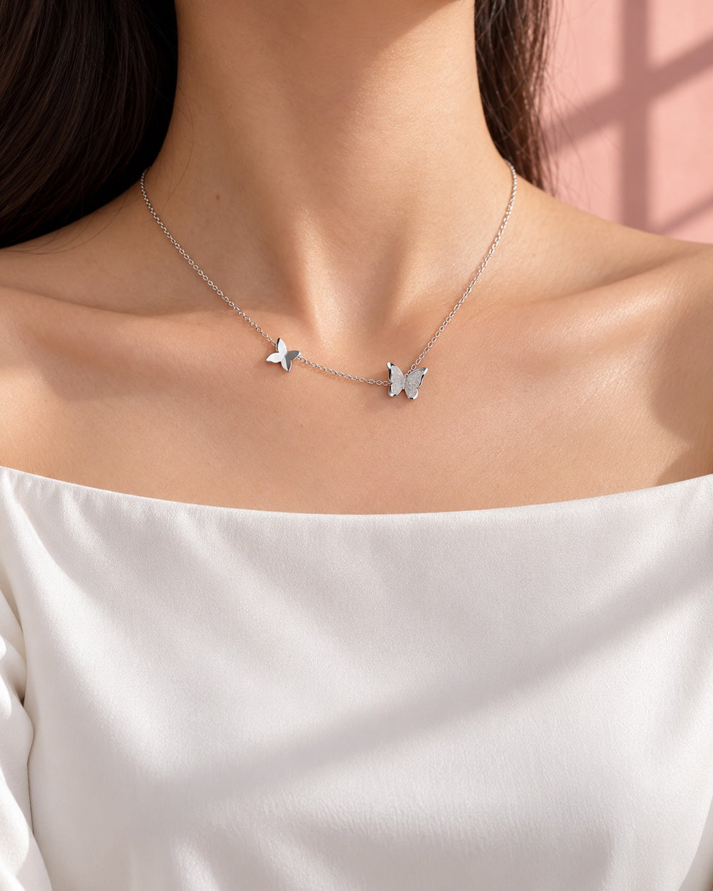 Pave Butterfly Necklace Silver - 6005SV - ảnh đeo