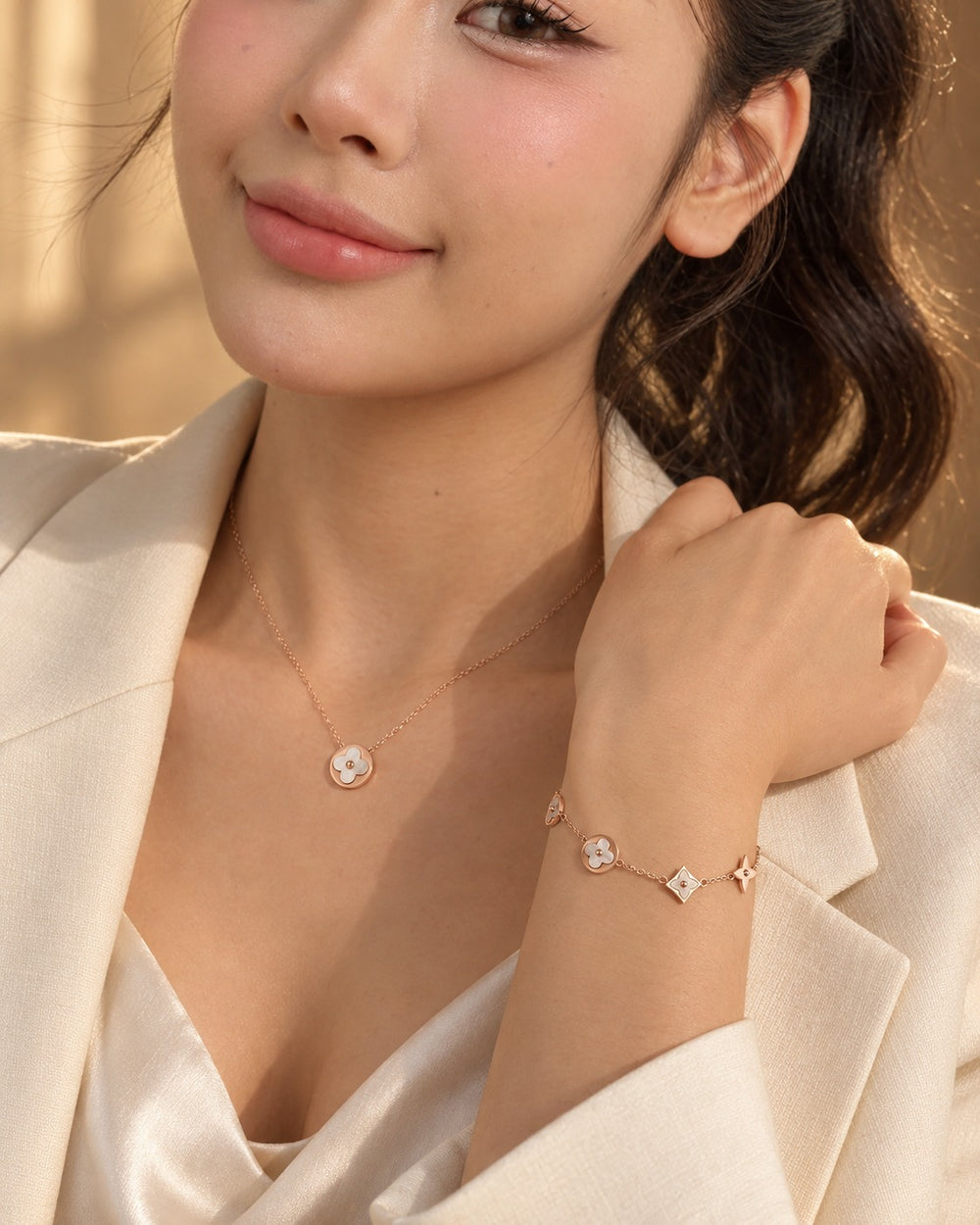 Lucky Leaves Jewelry Set Rose Gold - ảnh đeo
