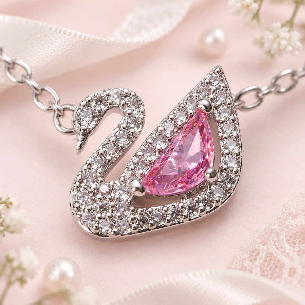 Crystal Swan Necklace Silver Pink - 6042SV - ảnh cận