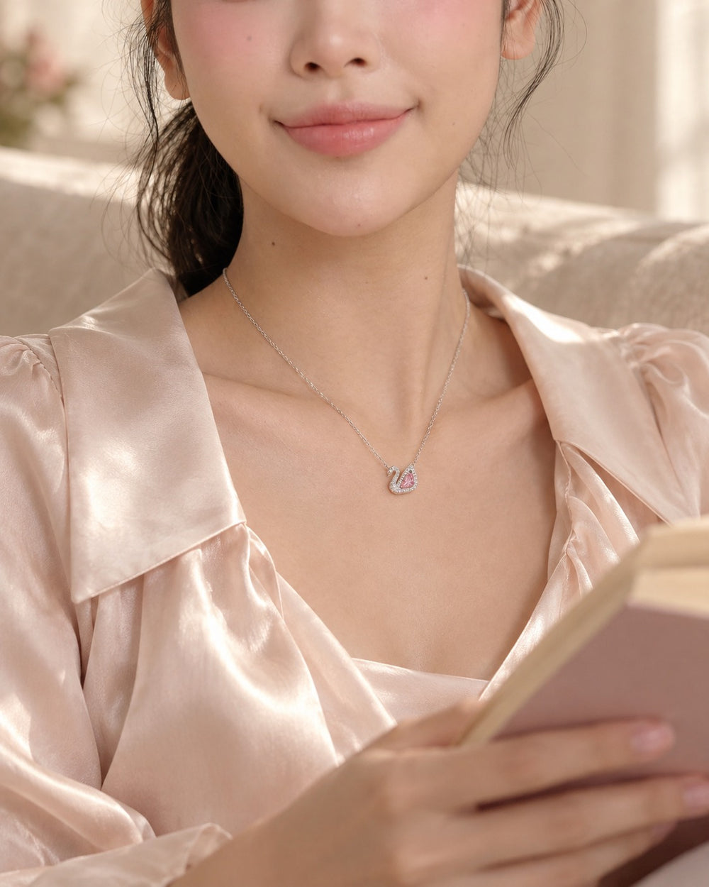 Crystal Swan Necklace Silver Pink - 6042SV - ảnh đeo