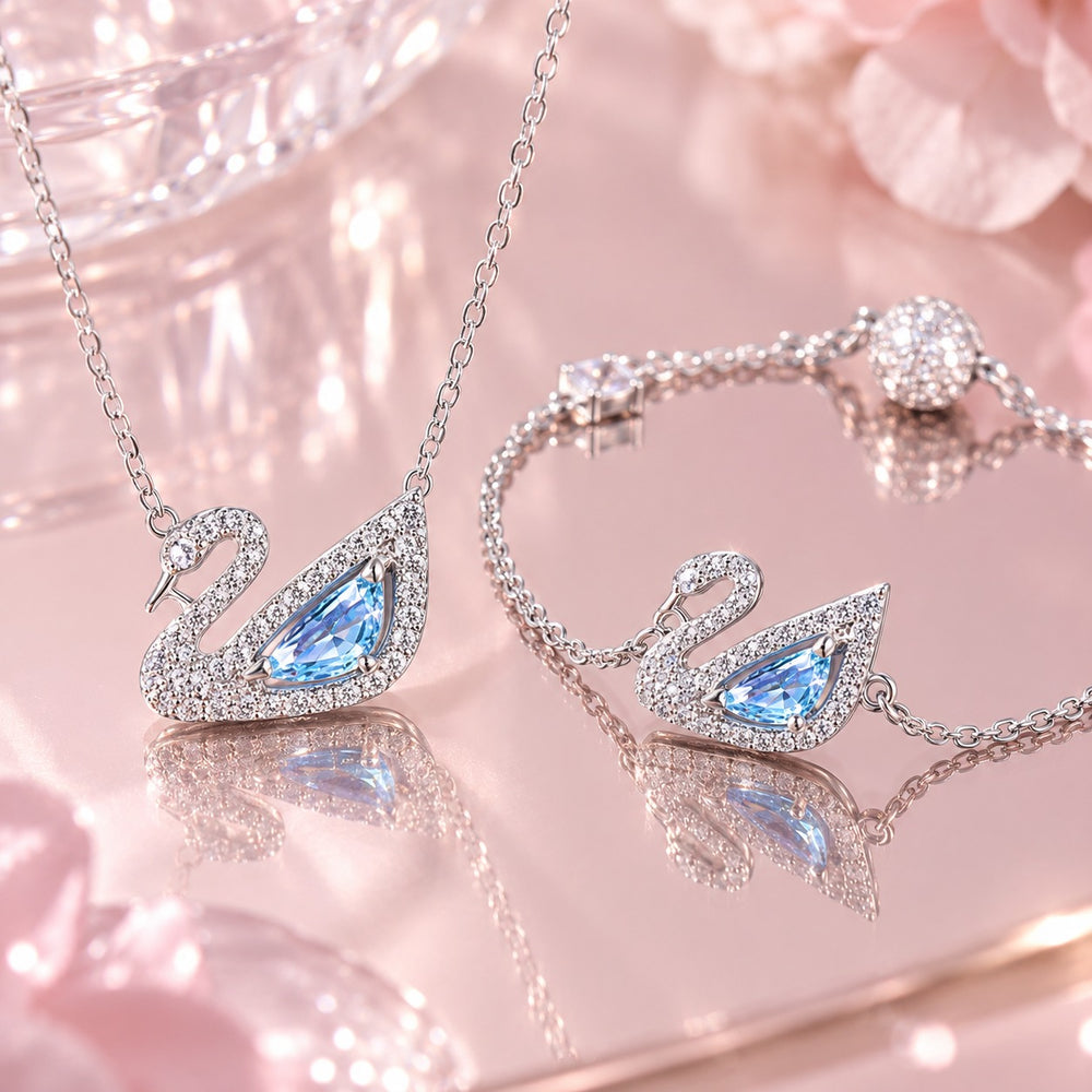Dazzling Swan Bracelet Silver Jewelry Set - ảnh cận