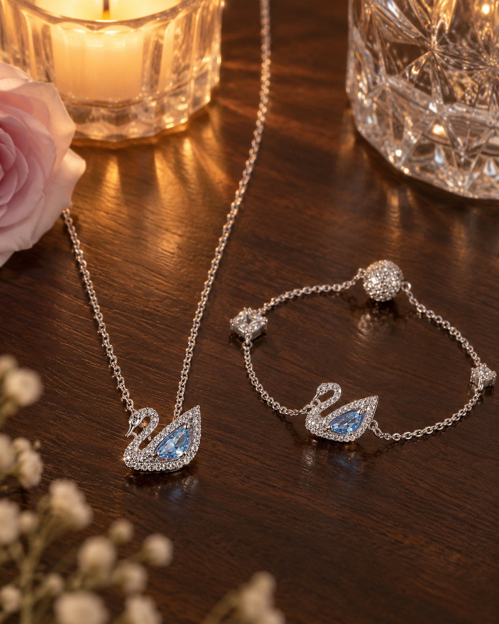 Dazzling Swan Bracelet Silver Jewelry Set - ảnh bối cảnh
