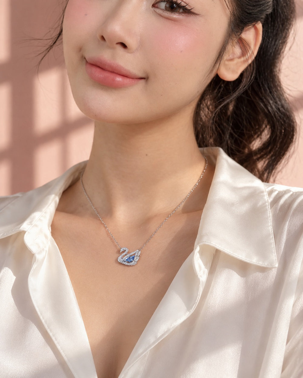 Dancing Swan Necklace Silver Blue - 6052BU - ảnh đeo