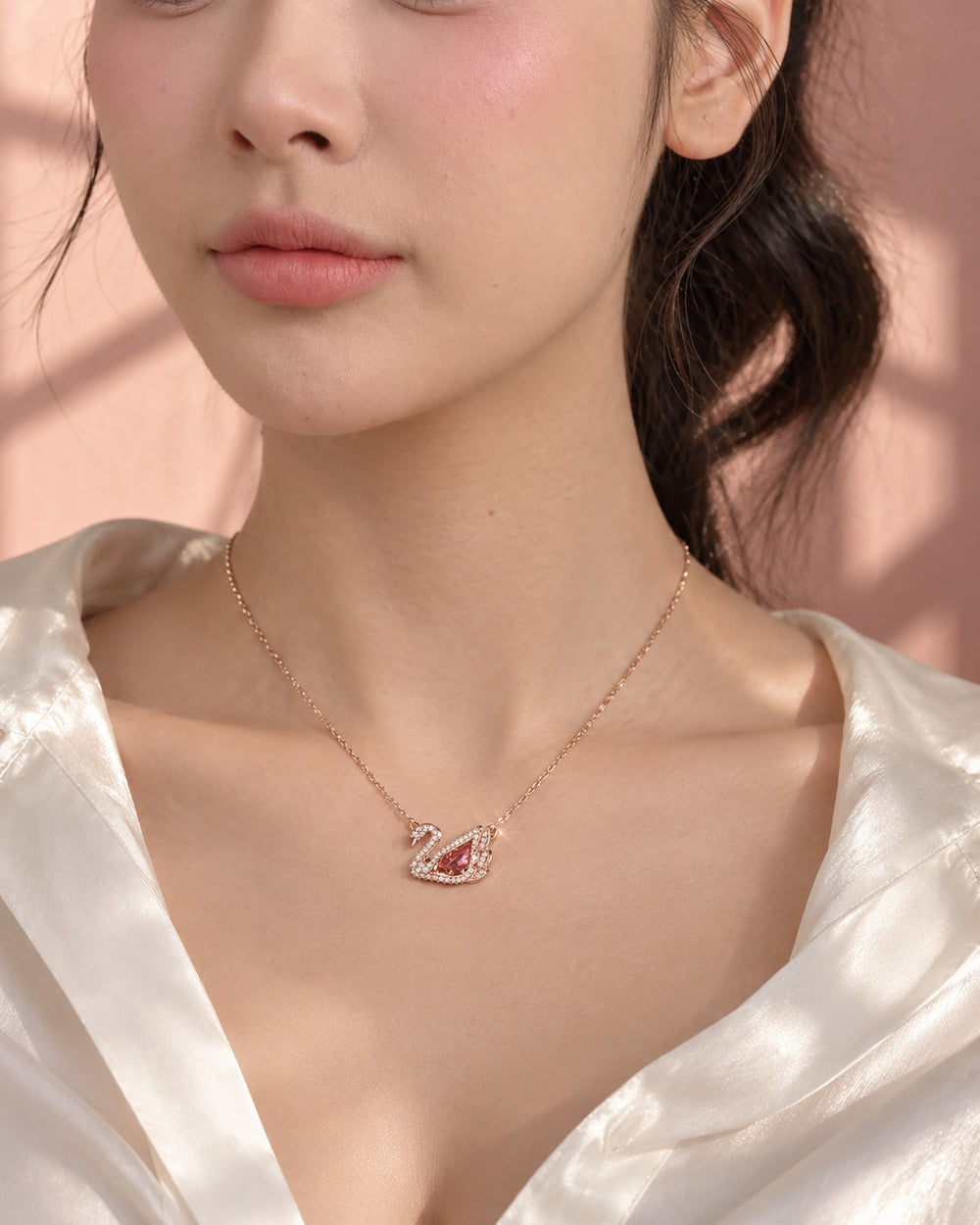 Dancing Swan Necklace Rose Gold Red - 6052RED - ảnh đeo
