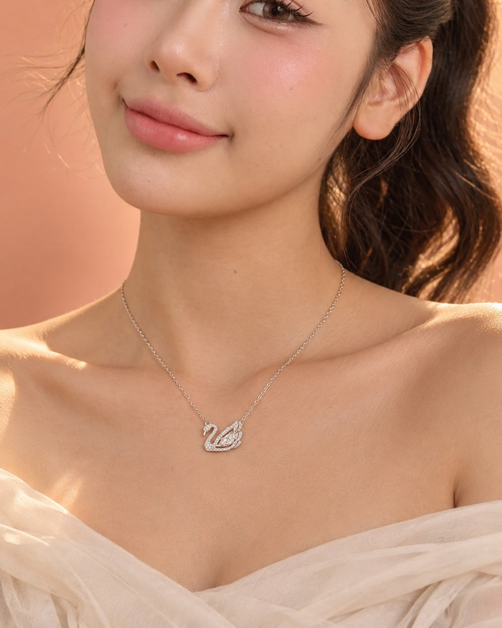 Dancing Swan Necklace Silver White - 6052WH - ảnh đeo