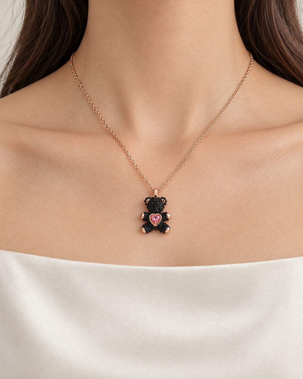 Teddy Bear Necklace Black - 6055BL - ảnh đeo