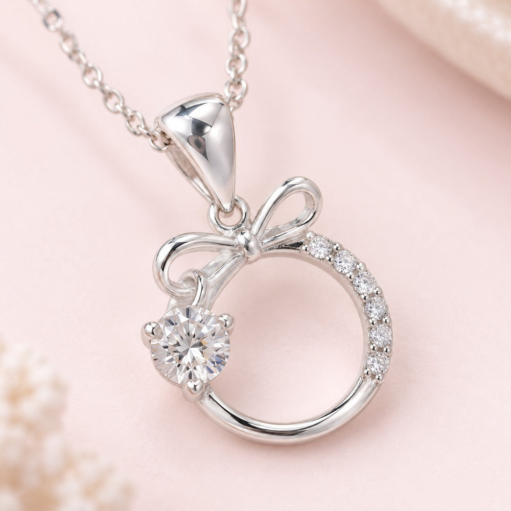 Crystal Moonstone Embellished Bow Necklace Silver - ảnh cận