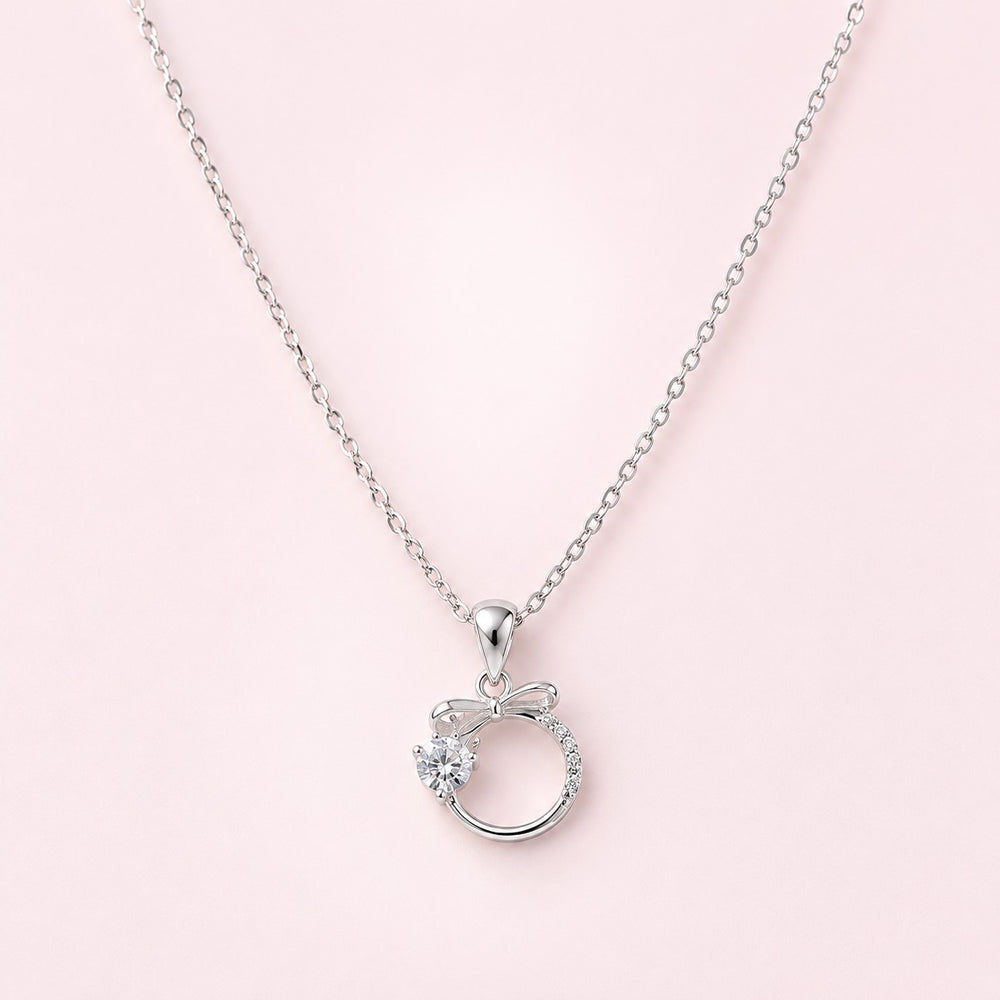 Crystal Moonstone Embellished Bow Necklace Silver - ảnh chính