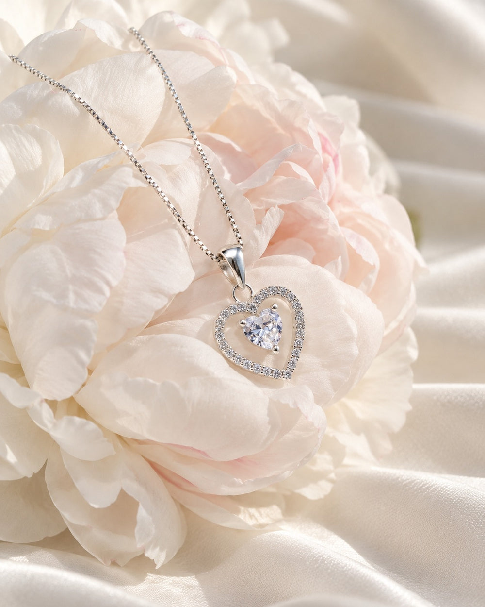 Sparkling Stone Encrusted Heart Necklace Silver - ảnh phong cách