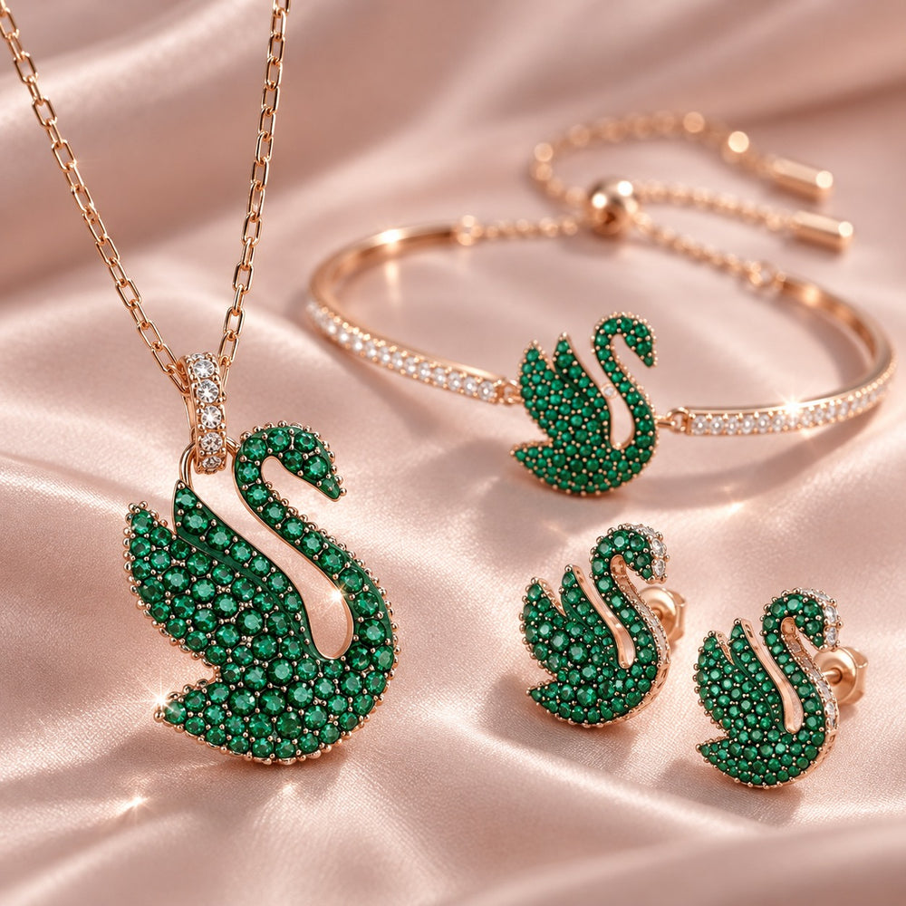 Iconic Swan Necklace, Bracelet & Earrings Set Green - ảnh cận