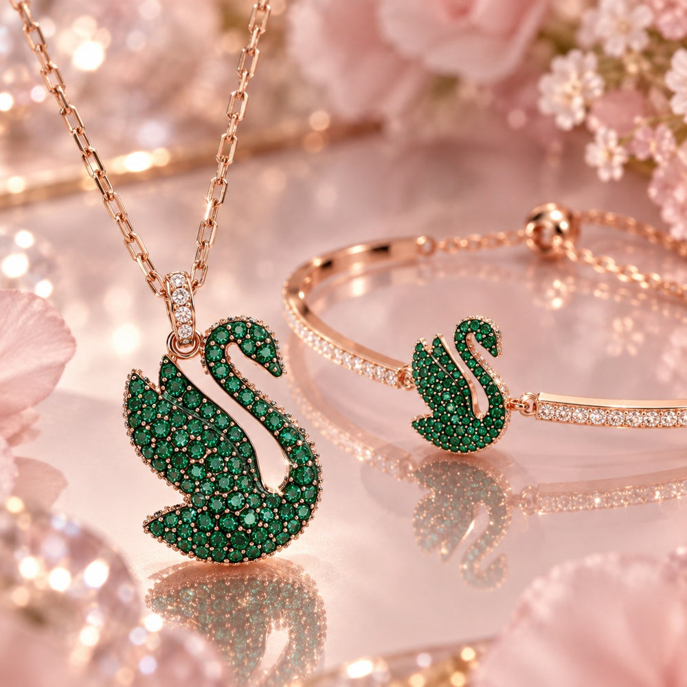 Iconic Swan Green Crystal Necklace Jewelry Set - ảnh cận