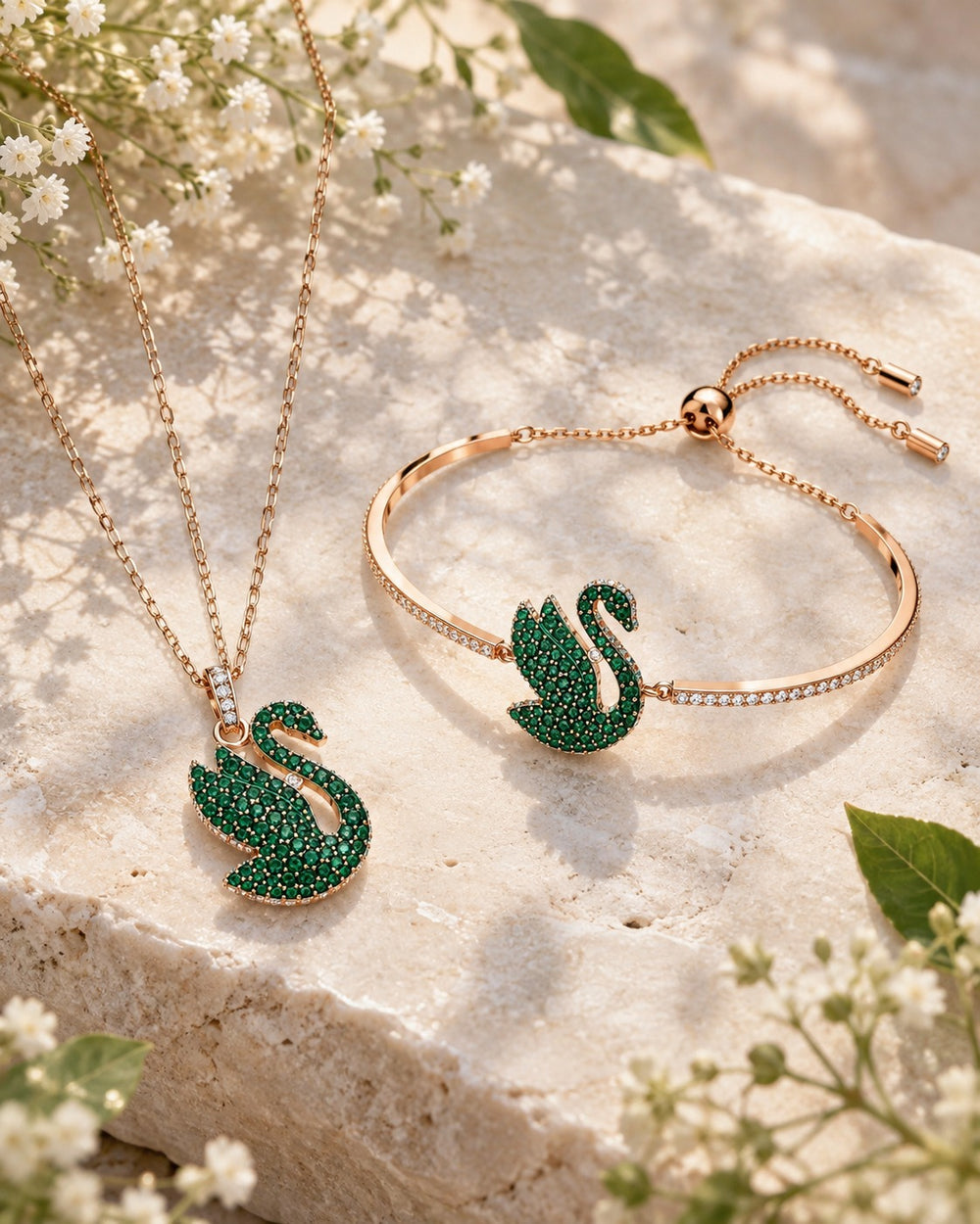 Iconic Swan Green Crystal Necklace Jewelry Set - ảnh bối cảnh