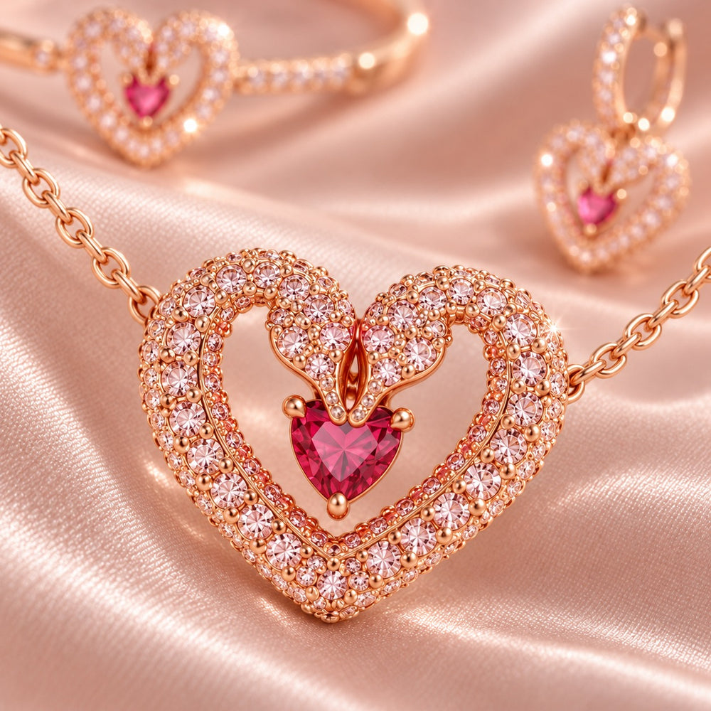 Una Heart Necklace Bracelet Earrings Jewelry Set Pink - ảnh cận