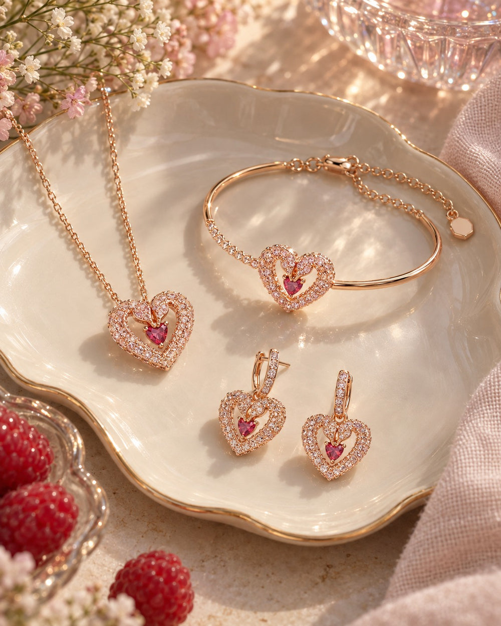Una Heart Necklace Bracelet Earrings Jewelry Set Pink - ảnh bối cảnh
