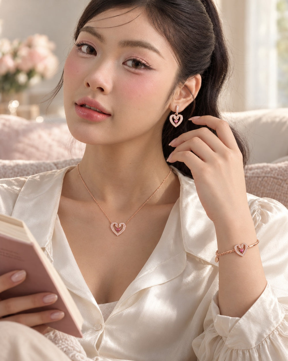 Una Heart Necklace Bracelet Earrings Jewelry Set Pink - ảnh đeo