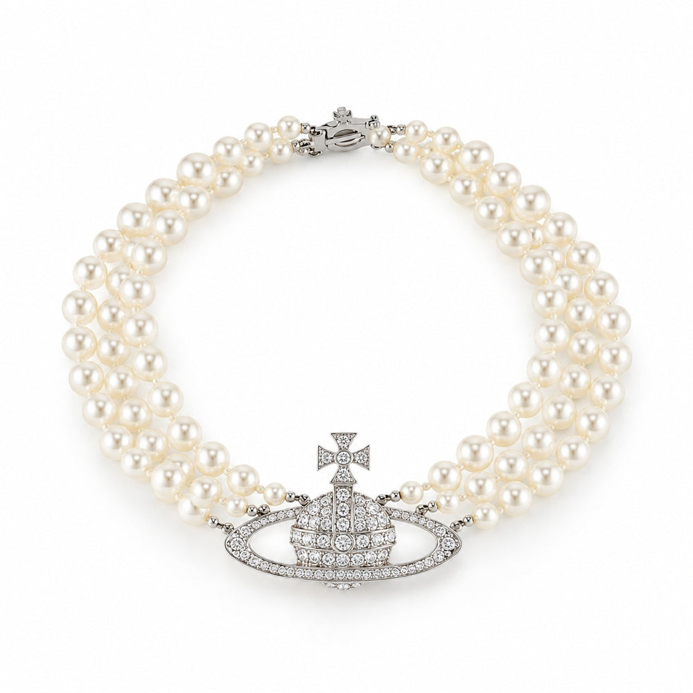 LAMY pearl and crystal three row choker necklace silver - ảnh chính