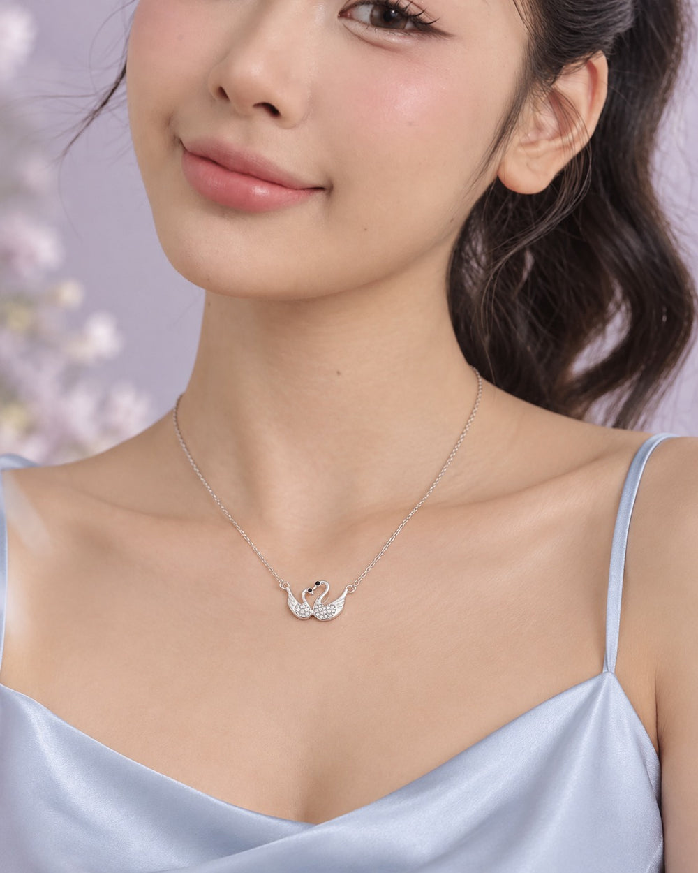 Swan Couple Necklace Silver - 6399SV - ảnh đeo