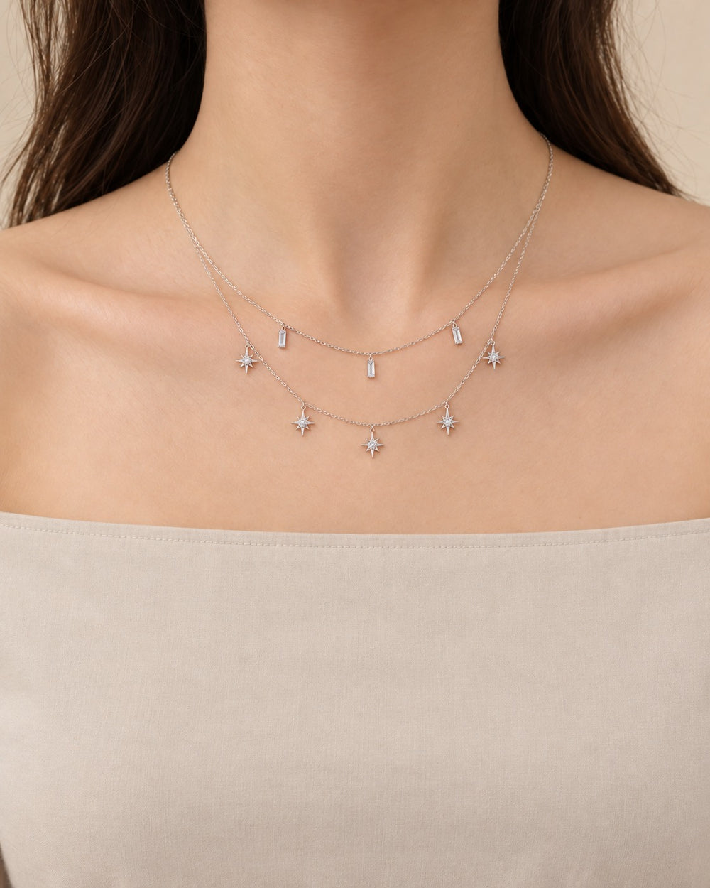 Double Layer Star Pendant Necklace Silver - 6416SV - ảnh đeo