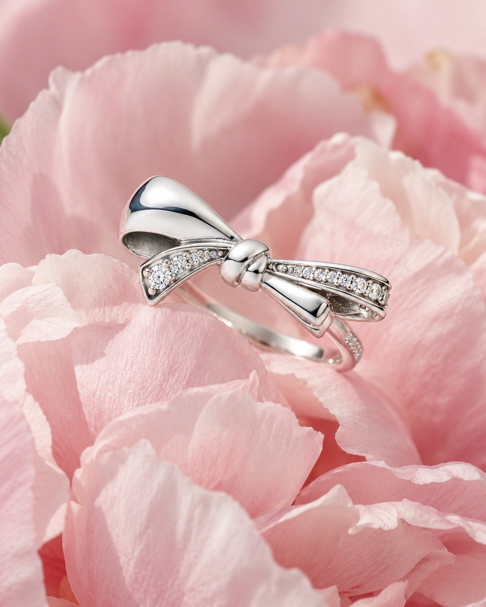 Nhẫn nơ bạc Bow Gorgeous 8043SV giữa cánh hoa mẫu đơn hồng