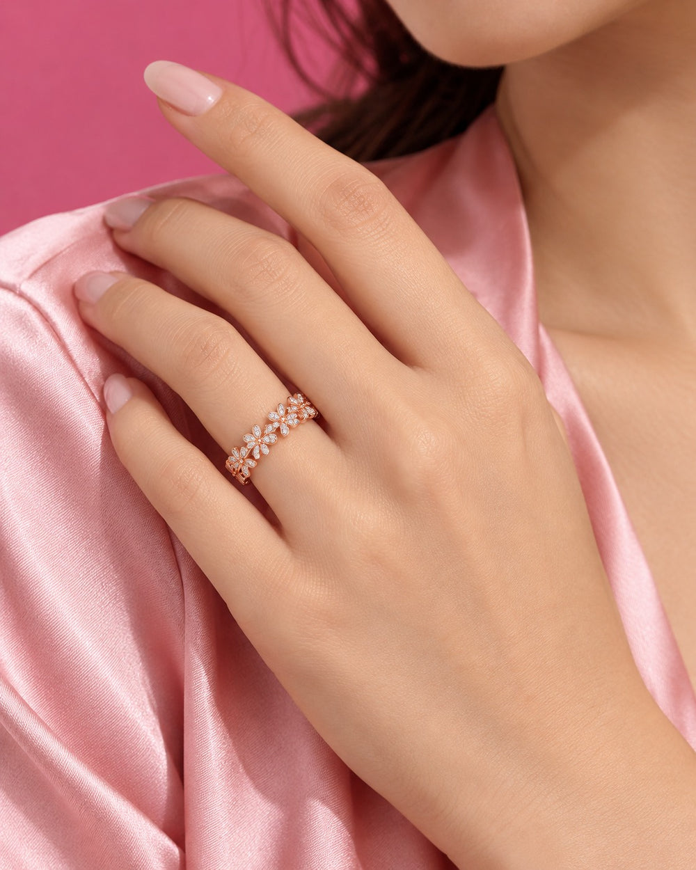 Stone Attach Chrysanthemum Ring Rose Gold - 8044RG - ảnh đeo