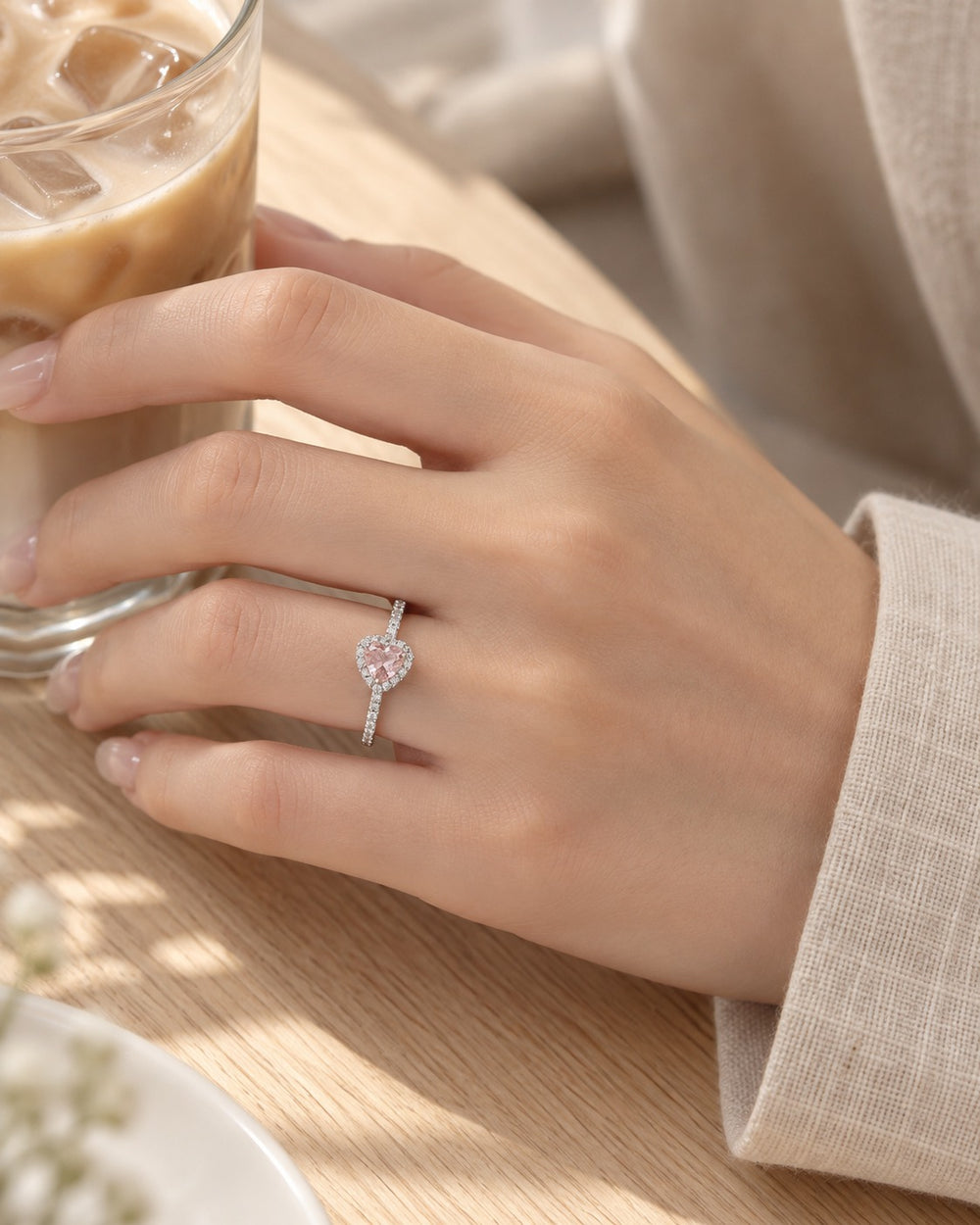 Couple Wedding Rings Women's Pink - 8195PI - ảnh đeo