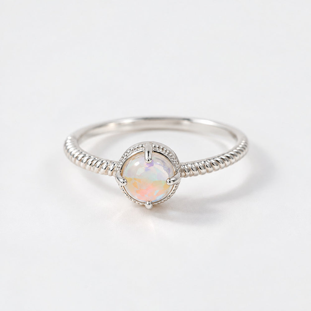 Nhẫn bạc đá ánh opal nhiều màu LAMY 8353SV, cabochon tròn trong đài viền thừng