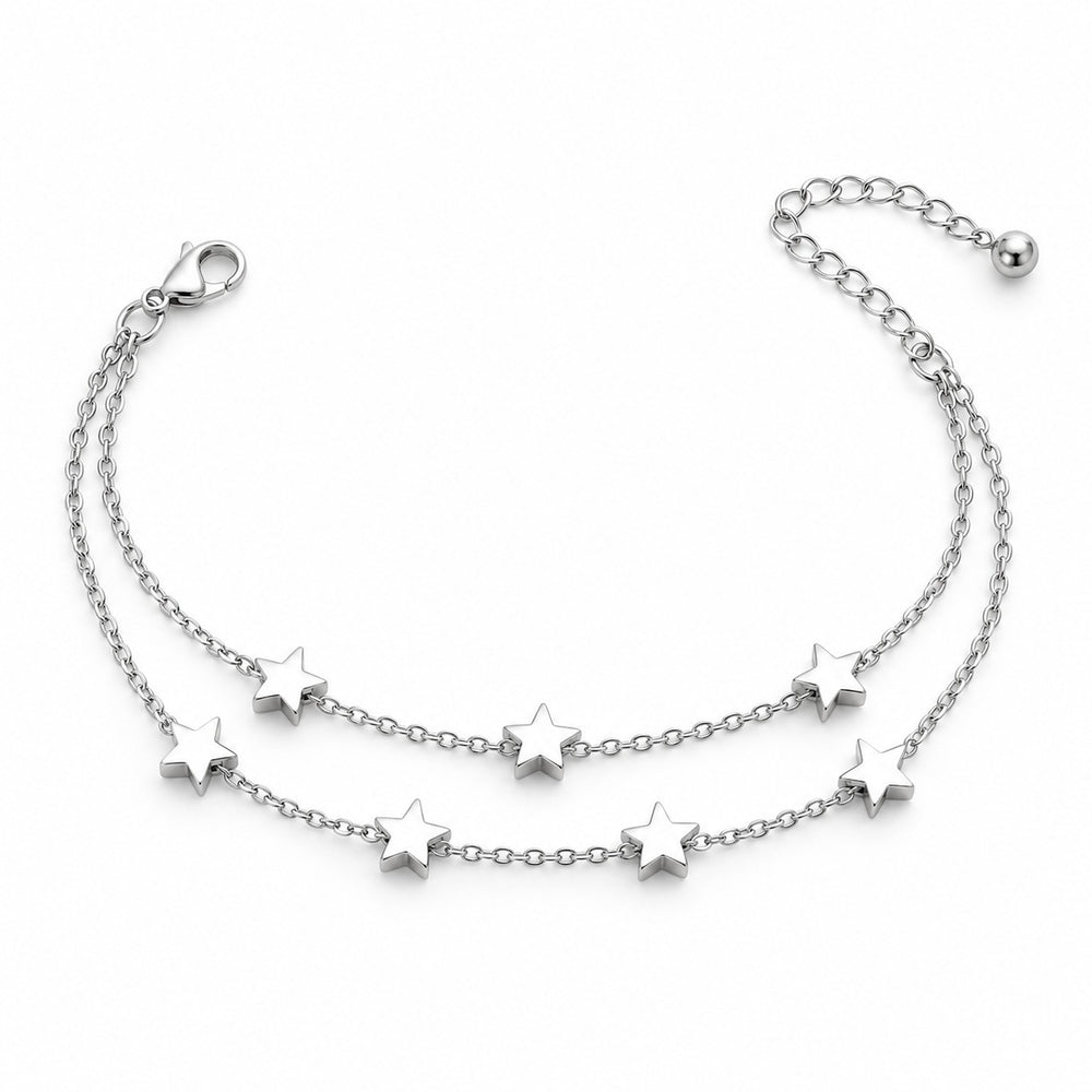 Five Pointed Star Anklet Silver - lắc chân 2 dây 7 sao bạc, nền trắng
