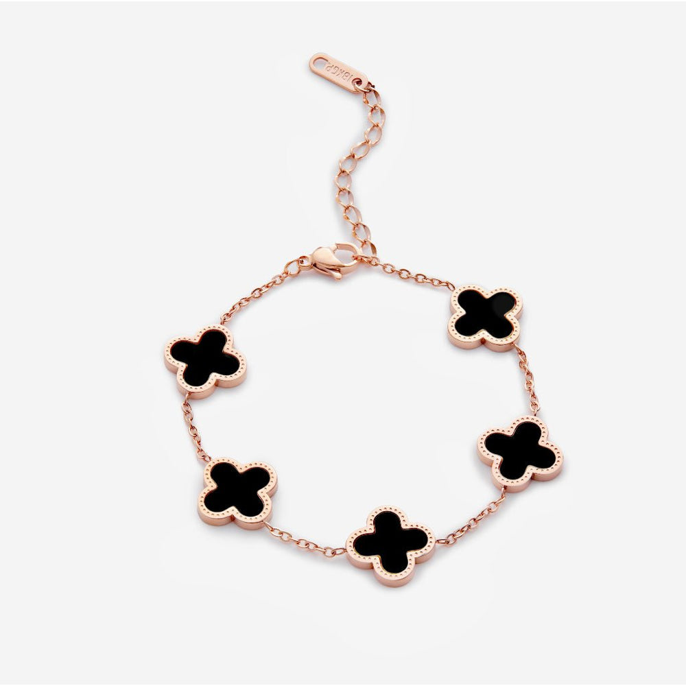 Five Four Leaf Clovers Bracelet Rose Gold Black
