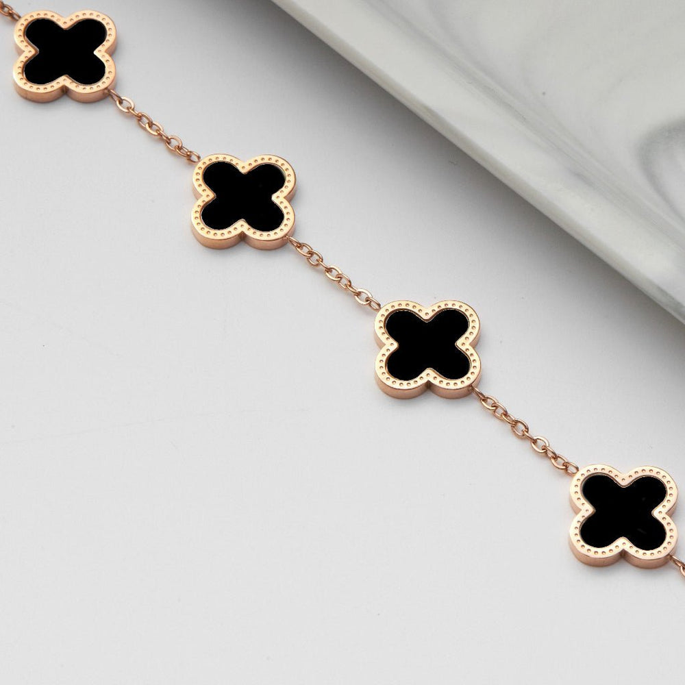 Five Four Leaf Clovers Bracelet Rose Gold Black