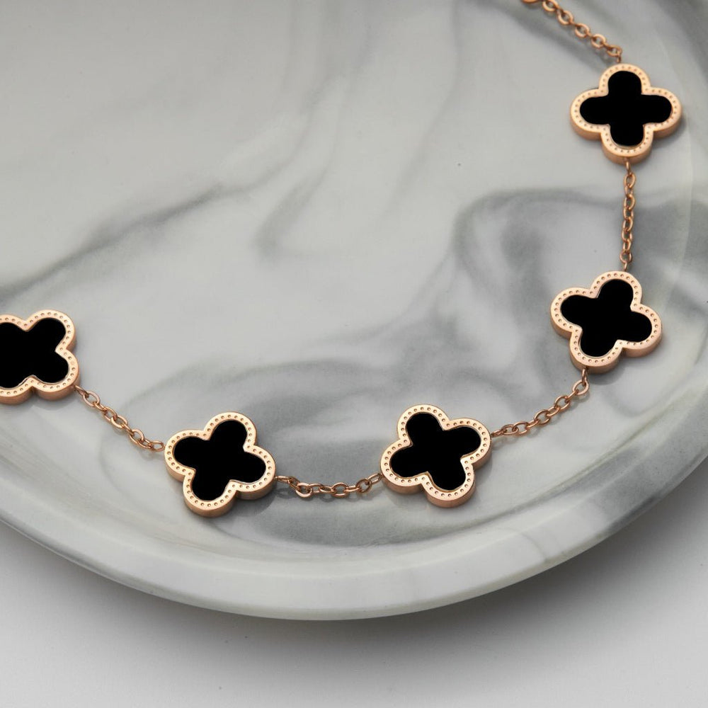 Five Four Leaf Clovers Bracelet Rose Gold Black