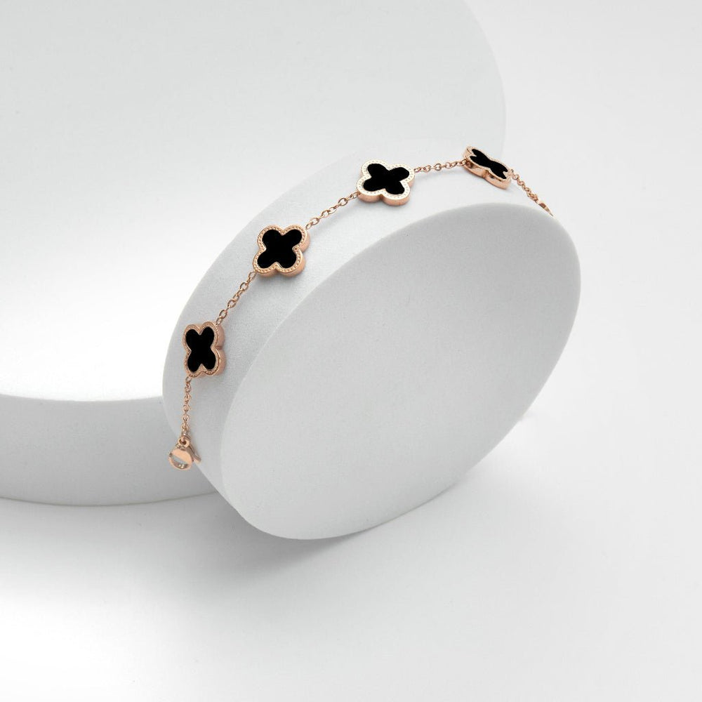 Five Four Leaf Clovers Bracelet Rose Gold Black