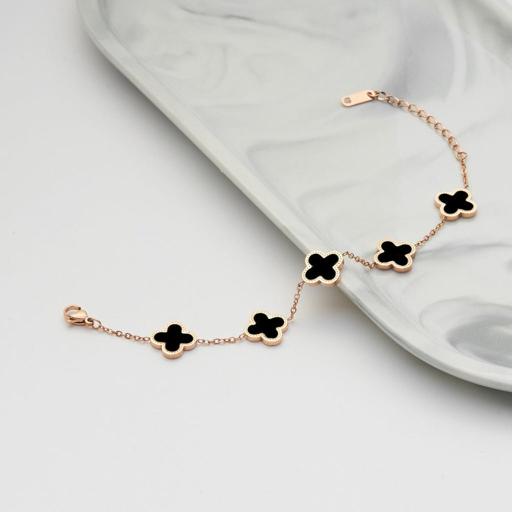 Five Four Leaf Clovers Bracelet Rose Gold Black