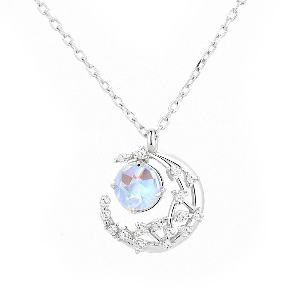 Moonstone Sparkling Necklace Silver, mặt trăng khuyết chạm hoa văn đính đá