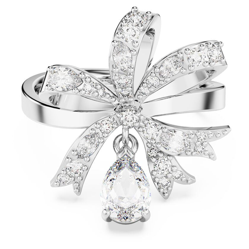 Volta White Bow Ring Silver, nhẫn gắn chiếc nơ lớn nhiều vòng phủ đá