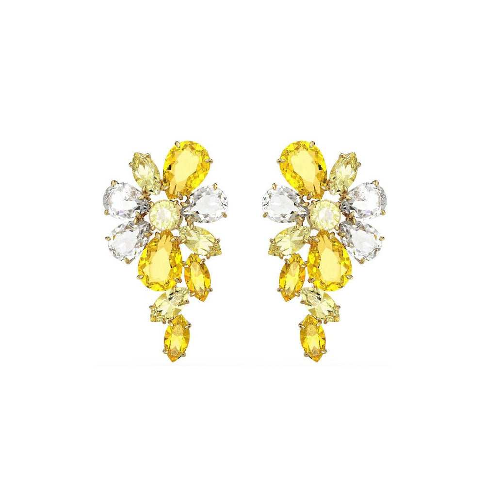 Yellow Gema Flower Drop Earrings, cụm hoa ghép từ đá màu vàng và trắng nhiều kiểu cắt