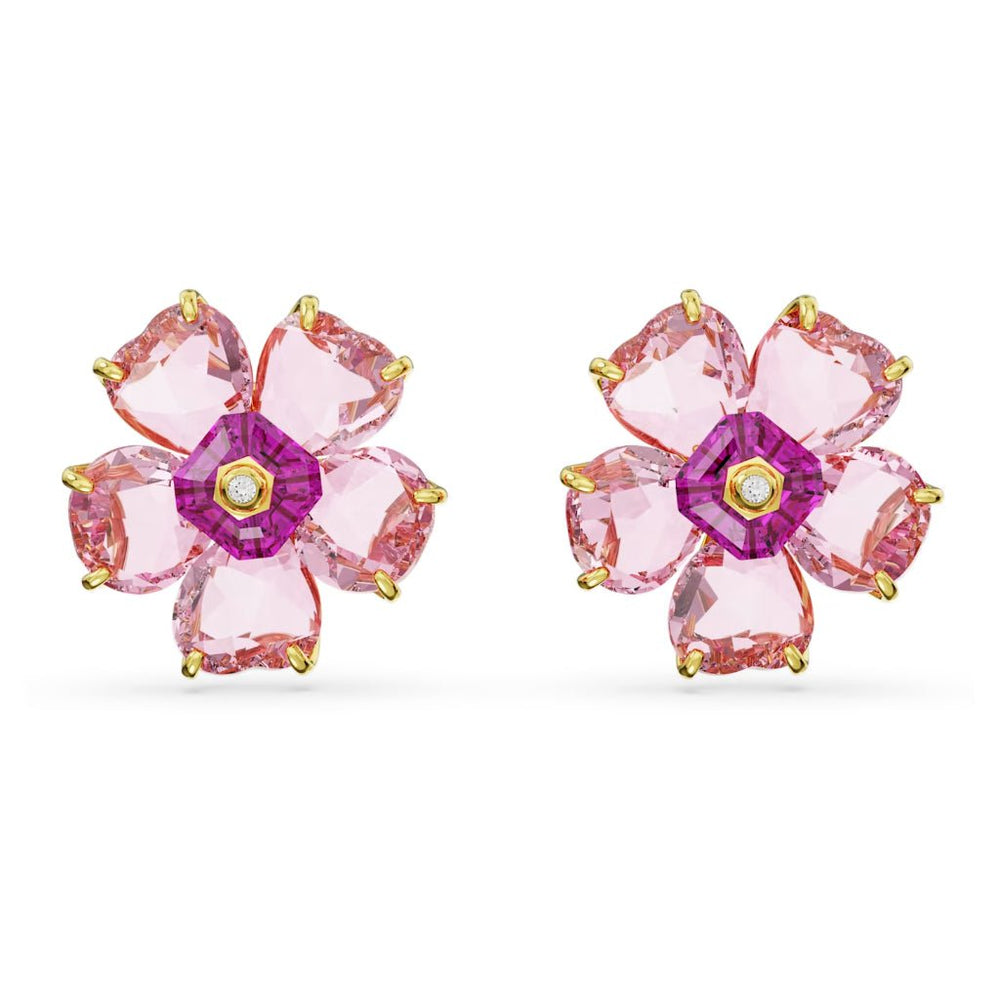 Purple Florere Crystal Stud Earrings Gold, mỗi chiếc là bông hoa năm cánh ghép từ đá hồng tím hình trái tim